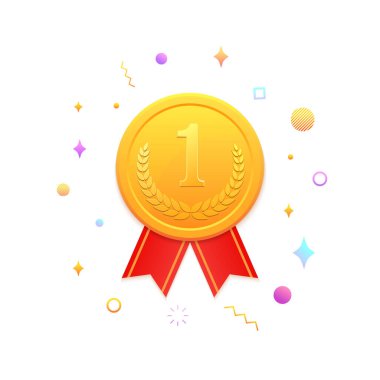 Etrafında süsleme simgeleri olan altın bir madalya. Birincilik başarısı olan gerçekçi vektör rozeti. Kırmızı kurdeleli yuvarlak etiket. Kazanan ödül. Yarışma kupası