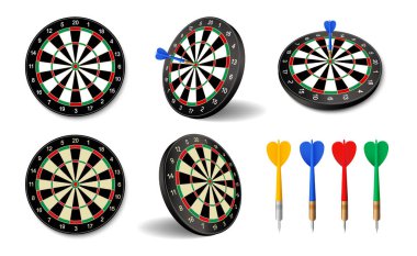 Dartboard vektör simgesi ayarlandı. Bar dart oyunu için okları olan siyah dart tahtası. İş hedefi simgesi