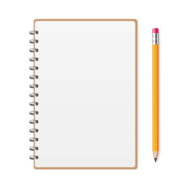 Sarmal ve sarı kalemle açılmış kahverengi defter ya da defter. Vektör EPS 10