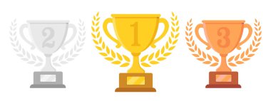 Kupa kupa vektör simgesi ayarlandı. Altın, gümüş ve bronz madalya ve turnuva için düz stil defne çelengi. Kazanan simgesi illüstrasyonu