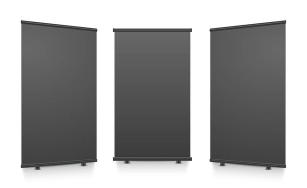 Blank roll up banner stand. Empty black mock up for presentation