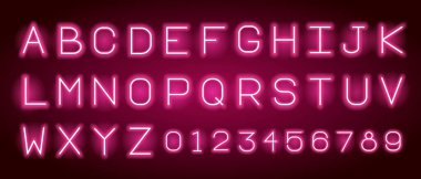 Vector pink neon alphabet letters. Digital Font with Electronic Letters, Monitor Characters, and Scoreboard Digits. Vector EPS 10