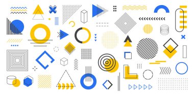 Bir dizi geometrik şekil. Memphis tasarımı, afiş, poster, broşür, reklam panosu, satış için retro elementler. Vektör geometrik şekiller koleksiyonu