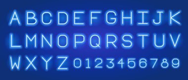 Vektör mavi neon alfabe harfleri. Elektronik Harflerle Dijital Yazı Tipi, Monitor Karakterleri ve Skor Tablosu Sayıları. Vektör EPS 10