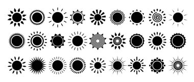 Güneş ikonlarının vektör kümesi. Güneş sembolü koleksiyonu. Yaz konsepti