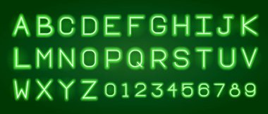 Vektör yeşil ışıklı alfabe harfleri. Elektronik Harflerle Dijital Yazı Tipi, Monitor Karakterleri ve Skor Tablosu Sayıları. Vektör EPS 10