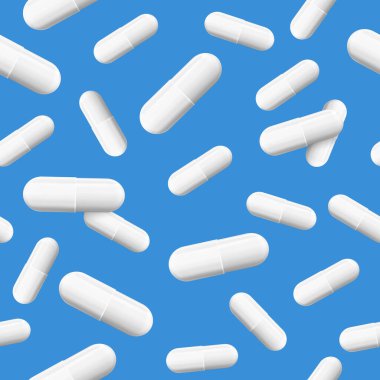 Mavi arka planda kusursuz haplar düşüyor. Uyuşturucu, antibiyotik ya da aspirin pankartı. Beyaz antibiyotik ya da vitamin kapsülü. Haplı eczane geçmişi. Vektör EPS 10