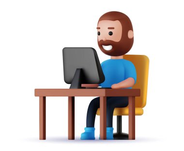 Bilgisayar, çalışma ya da çalışma ile üç boyutlu bir çizgi film karakteri. İkonları olan sıradan bir adam. Geliştiricinin teması üzerine vektör illüstrasyonu.