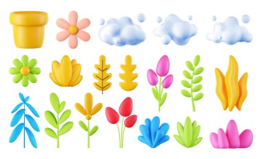 İzole edilmiş beyaz arkaplan, tasarım ögesi, doğa simgeleri üzerinde 3D render koleksiyonu, vektör çiçekleri kümesi.