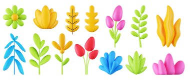 3d render collection of plants, set of vector flowers on isolated white background, design element, nature icons.
