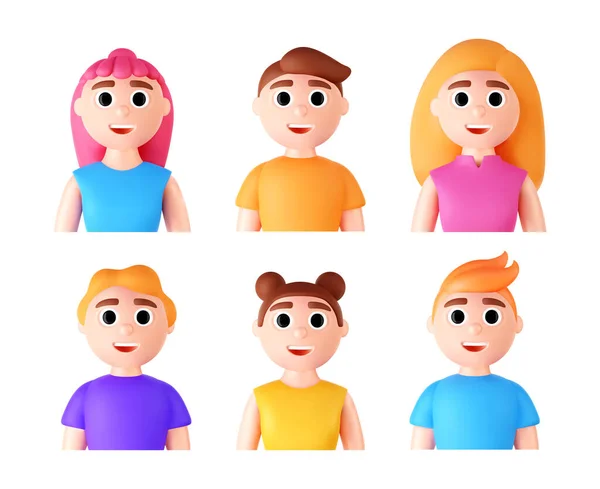 Set Portraits Happy People White Background Cartoon Characters Woman Man — Stock Vector