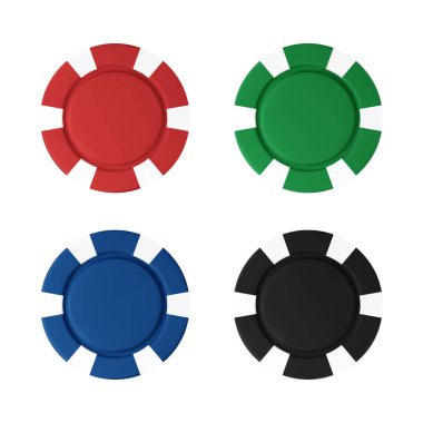 Poker ve kumarhane için 3D fiş. İzole edilmiş beyaz arka planda animasyon için hazır bir bozuk para seti. Bir vektör illüstrasyonunun gerçekçi canlandırması.