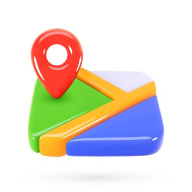 Konum sembollü 3D harita. Çizgi film tarzında yol, su, şehir ve işaret vektör ikonu. GPS uygulamasındaki seyir subayı. Adres arama ve teslim sembolü.