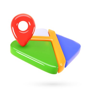 Konum sembollü 3D harita. Çizgi film tarzında yol, su, şehir ve işaret vektör ikonu. GPS uygulamasındaki seyir subayı. Adres arama ve teslim sembolü.