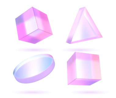 Soyut 3 boyutlu cam küp. Beyaz bir arkaplanda holografik renkli geometrik figür. Pembe şekil nesne ve tasarım ögesi.
