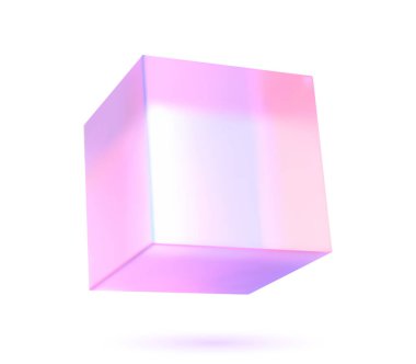 Soyut 3 boyutlu cam küp. Beyaz bir arkaplanda holografik renkli geometrik figür. Pembe şekil nesne ve tasarım ögesi.
