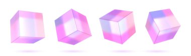 Soyut 3 boyutlu cam küp. Beyaz bir arkaplanda holografik renkli geometrik figür. Pembe şekil nesne ve tasarım ögesi.