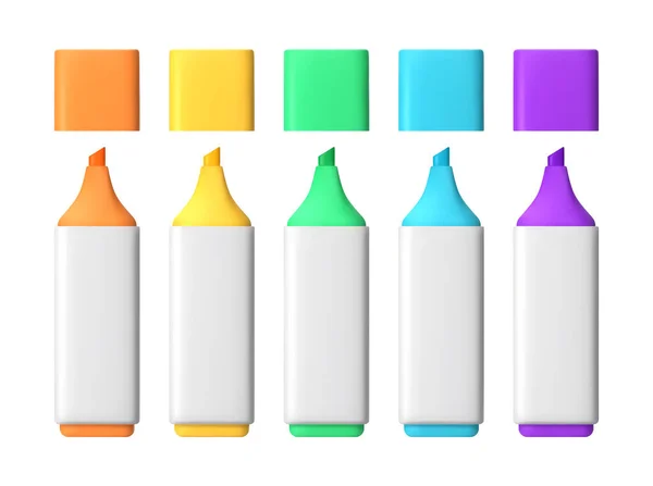 カラーペンマーカーの3Dセット 白い隔離された背景の異なるベクトルモックアップオブジェクトの色合い 日記またはメモ帳ツール 現実的なレンダリング — ストックベクタ