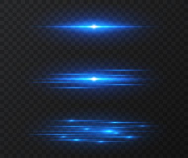 Vektör ışık efekti ayarlandı. Yatay parlak gündoğumu çizgileri ve koyu şeffaf arkaplanda lazer ışığı efekti. Parlayan ışınlar soyut elementler.