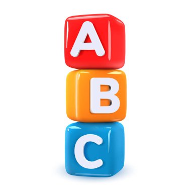 Üç boyutlu ABC küpleri. Çok renkli vektör çocuk oyuncakları plastikten yapılmış beyaz bir zemin üzerinde kareler şeklinde harflerin görüntüsüyle. Oyun ve öğrenme unsurları.
