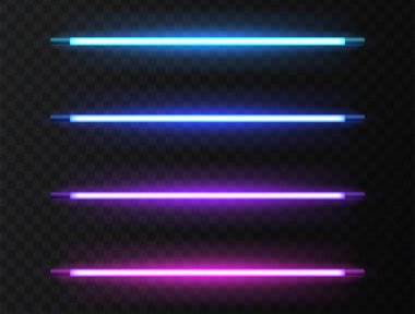 Neon ultraviyole lambalar. Gerçekçi ışığın vektör çizimi. Modern modanın sembolü. Farklı renk tonları seti. Popüler tarz, neon tasarım.