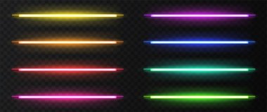 Neon ultraviyole lambalar. Gerçekçi ışığın vektör çizimi. Modern modanın sembolü. Farklı renk tonları seti. Popüler tarz, neon tasarım.