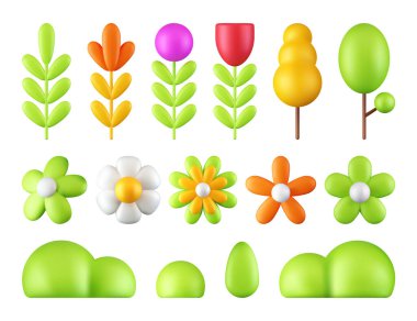 3 boyutlu bitki ve bulut koleksiyonu, izole edilmiş beyaz arkaplan, tasarım ögesi, doğa simgeleri, vektör çiçekleri kümesi.