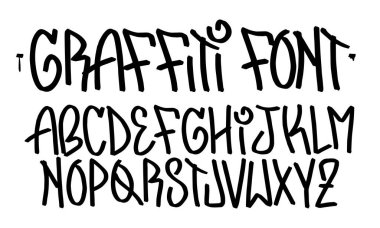 Graffiti tarzında vektör yazı tipi. Duvar sanatı ve vandalizmi, kendini ifade etmenin ve sokak sanatının bir sembolü. Şehrin duvarlarında hip-hop kültürü unsuru var. 90 'lar tarzında beyaz arkaplanda siyah harfler