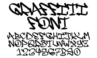 Graffiti tarzında vektör yazı tipi. Duvar sanatı ve vandalizmi, kendini ifade etmenin ve sokak sanatının bir sembolü. Şehrin duvarlarında hip-hop kültürü unsuru var. 90 'lar tarzında beyaz arkaplanda siyah harfler