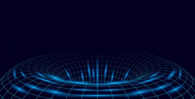 Uzayda uçuşun 3 boyutlu vektör çizimi. Galaksideki neon şebekesi yıldızların arka planına karşı. 80 'ler ve 90' lar bir tünelde siber punk stili VR oyunları. Uzayda sonsuz bir geçit.