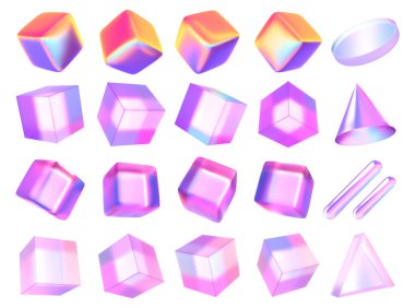 Soyut 3 boyutlu cam küp. Beyaz bir arkaplanda holografik renkli geometrik figür. Pembe şekil nesne ve tasarım ögesi.