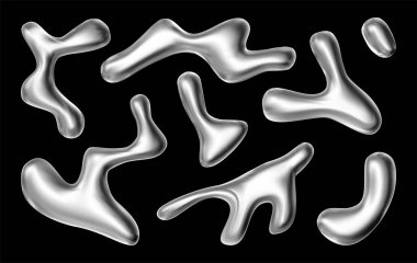 3 boyutlu sıvı damlaları yerleştirildi. Uçarken soyut renkli küreler. İzole edilmiş beyaz arka planda baloncukların gerçekçi yansıtıcısı. Lav lambası elementlerinin tasviri.