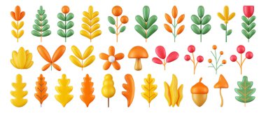 Üç boyutlu sonbahar bitkileri ve sarı yapraklar koleksiyonu, izole edilmiş beyaz arkaplan, tasarım elemanı, doğa simgeleri, vektör çiçekleri kümesi.