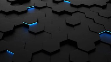 3D fütüristik soyut altıgen arka plan. 4K yüzey hareketi grafik döngü animasyonu, bilim kurgu teknik desen geometrik nesnelerin mavi parlak neon ışığı ile pürüzsüz akışı. Gerçekçi canlandırma.