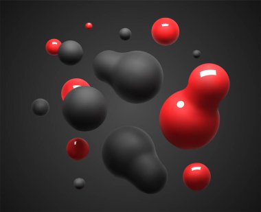 3D siyah ve kırmızı sıvı damlalar oluşturuldu. Uçarken soyut renkli küreler. İzole edilmiş siyah arkaplanda baloncukların gerçekçi yansıtıcısı. Y2k biçiminde lav lambası elementlerinin gösterimi.