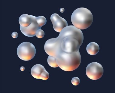 3 boyutlu metal ve krom sıvı damlaları. Uçarken soyut renkli küreler. İzole edilmiş siyah arkaplanda baloncukların gerçekçi yansıtıcısı. Y2k biçiminde lav lambası elementlerinin gösterimi.