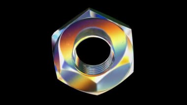 Soyut 3D cam fındık. Siyah bir arkaplanda holografik renkli geometrik figür. Pembe şekil nesne ve tasarım ögesi.