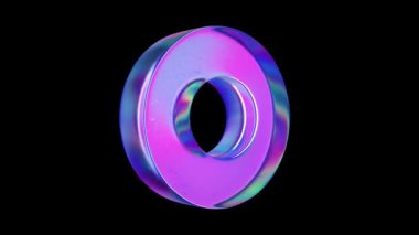 Soyut 3D cam daire. Siyah bir arkaplanda holografik renkli geometrik figür. Pembe şekil nesne ve tasarım ögesi.