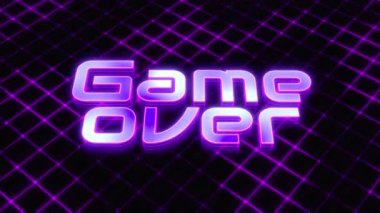 Soyut mor ızgara, parlak neon ışıklarıyla hareket ediyor ve parlıyor. Parlak kablo çerçeveli arka plan. Bakış açısıyla oyun bitti. 80 'ler ve 90' ların temasında geçmişe dönük fütürizm.
