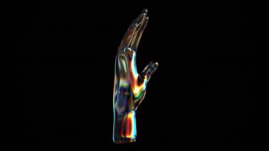 Soyut üç boyutlu cam insan eli. Siyah bir arkaplanda holografik renkli geometrik figür. Pembe şekilli nesne ve tasarım elemanı. 80 'lerin ve 90' ların minimalist tarzında..