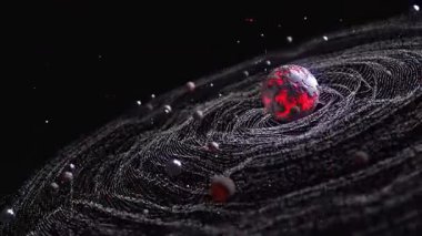 Yörüngedeki gezegenler, galaktik hareketler, kozmik ışık ve nebula dokularıyla güneş sisteminin döngülü animasyonu. Bilim ve astronomi tasarım elementleri ile soyut alan arkaplanı.