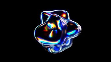 Holografik gradyan uzayda krom sıvı damlalarının döngüsü. Canlı metalik şekiller, akışkan hareketler ve psikedelik parlak yansımalarla soyut üç boyutlu kompozisyon.