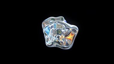 Holografik gradyan uzayda krom sıvı damlalarının döngüsü. Canlı metalik şekiller, akışkan hareketler ve psikedelik parlak yansımalarla soyut üç boyutlu kompozisyon.