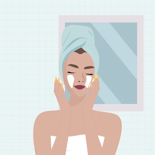 Girl Takes Shower Applies Cream Face Bathroom Vector Illustration — Stock Vector