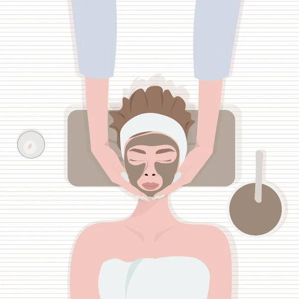 Young Beautiful Woman Having Head Massage Spa Salon Top View — Stock Vector