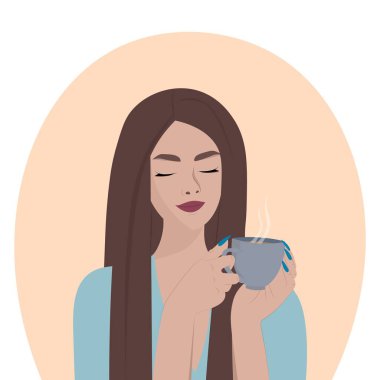 Uzun kahverengi saçlı, bornozlu güzel bir kız elinde mavi bir fincan kahve tutuyor. Vektör illüstrasyonu