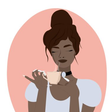 Güzel, koyu tenli, sofistike bir kız. Saçlarını toplamış, boğazında bir boyunlukla elinde güzel bir fincan kahve tutuyor..