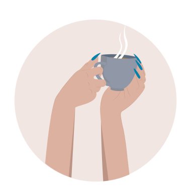 Uzun mavi tırnaklı güzel eller mavi bardağı kahveyle tutuyor. Vektör illüstrasyonu.