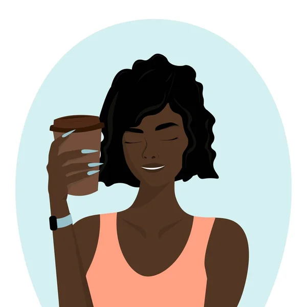 stock vector A dark skinned beautiful girl with wavy hair in an orange T-shirt, with a watch on her arm holds a paper cup of coffee in her hand. Vector illustration