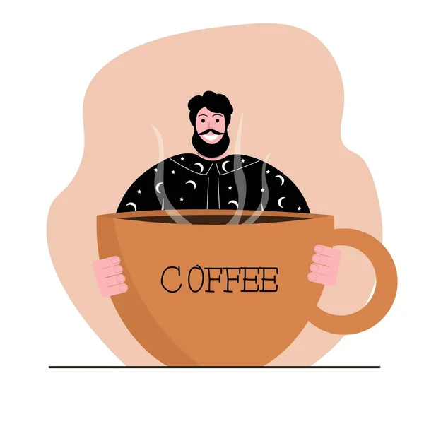 Smiling Satisfied Man Pajamas Holds Huge Mug Coffee His Hands — Stock Vector